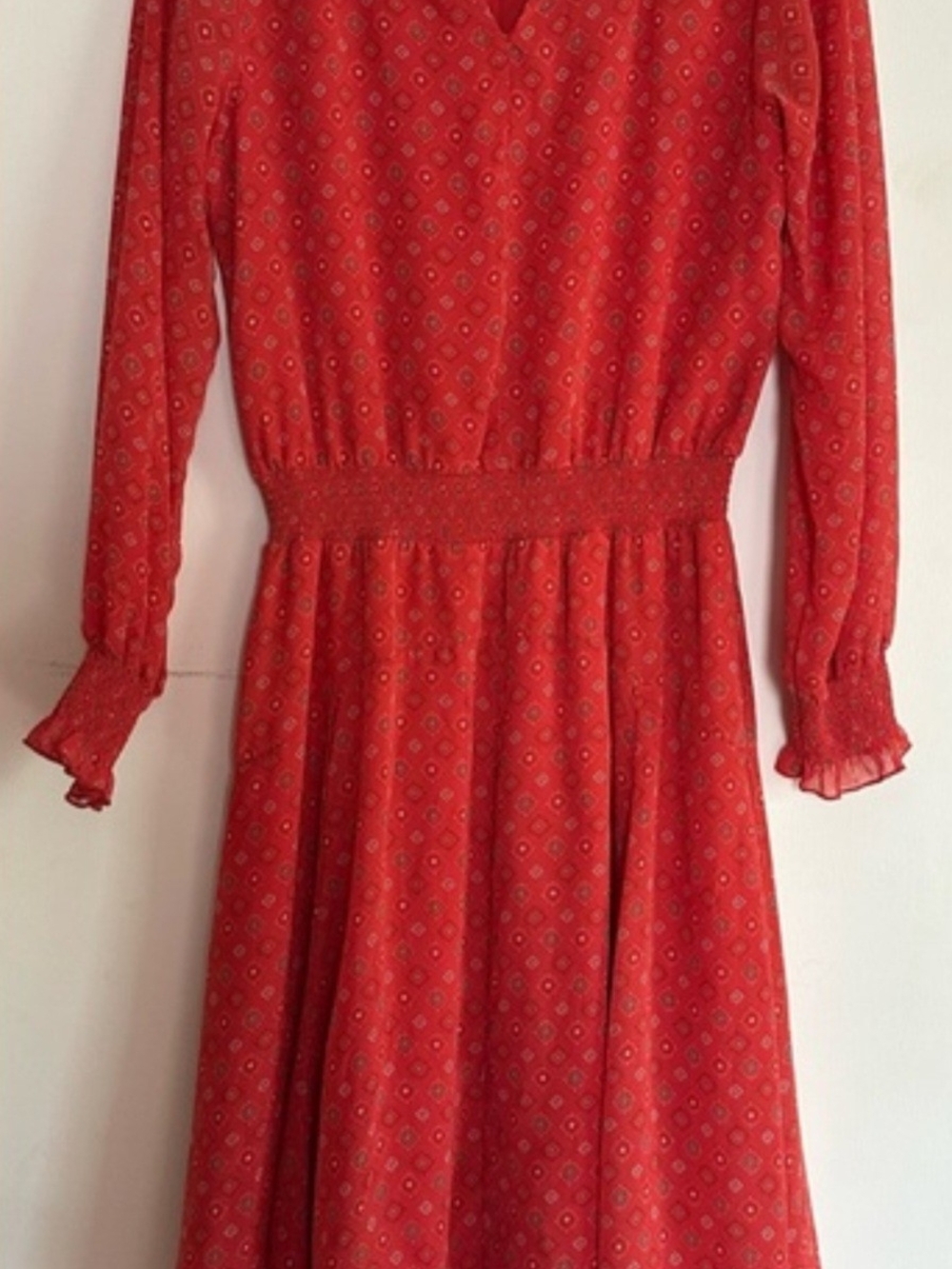 Red Print Long-Sleeve Smocked Waist Midi Dress, Shirred Cuffs
